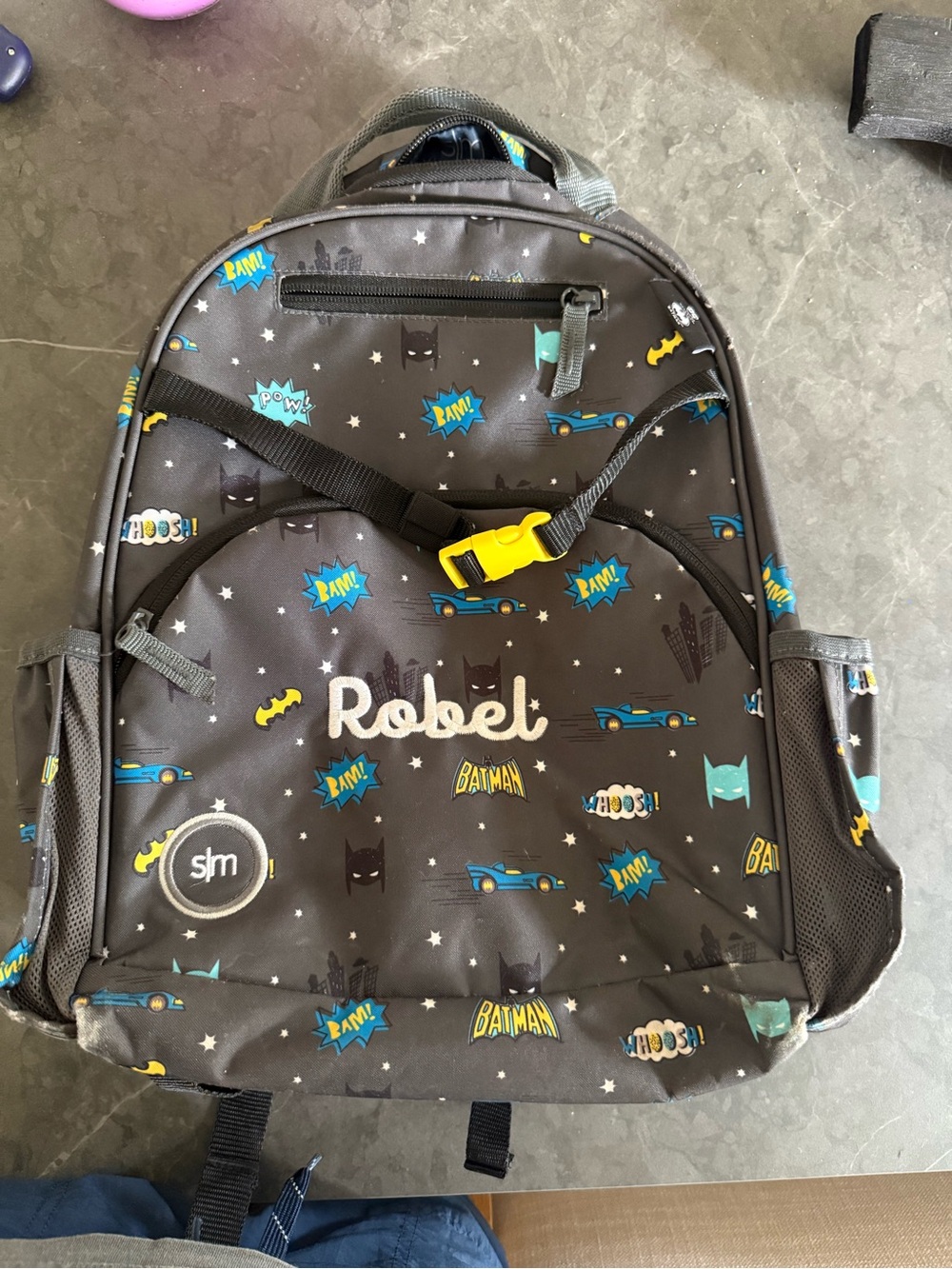 Simple Modern Kids Batman Print Gray Backpack with Yellow and Blue Accents